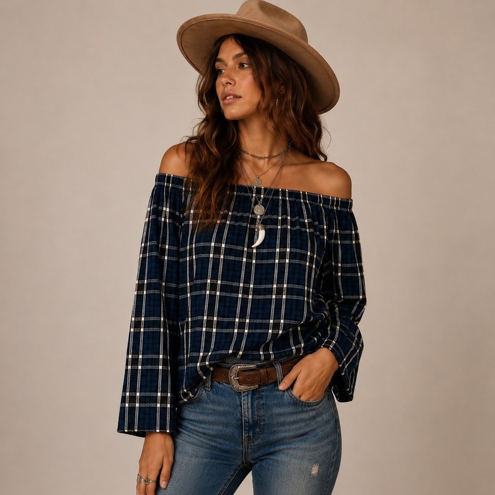 Cloth & Stone Women Top S Blue Plaid Peasant Loose A Line Country Western Grunge